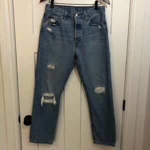 Levis 501 Jeans Womens 29 Medium Wash Denim Cropped Button Fly Distressed Casual